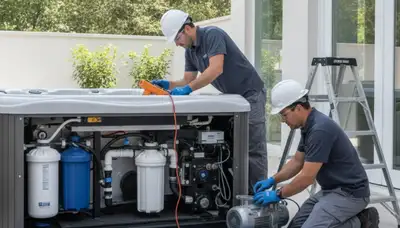 Spa repair technician servicing a Concord, MA home for seasonal startup and winter shutdown needs