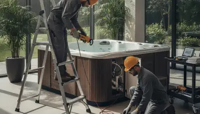 Spa repair technician servicing a Concord, MA home spa for seasonal startup and winter shutdown maintenance