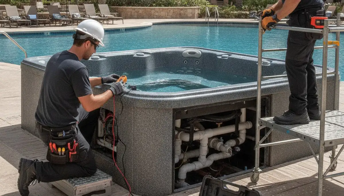 Spa repair technician servicing a Concord, MA home spa for seasonal maintenance