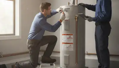 Water heater repair technician serving Concord, MA homes in a plumbing service call